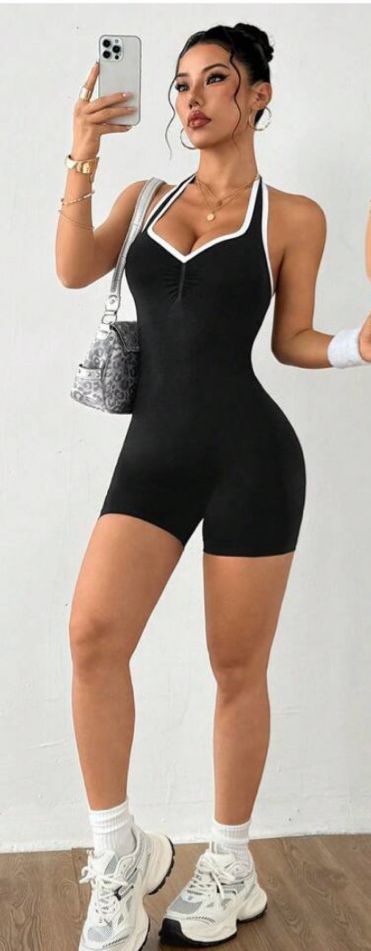 DEWBERA SET DE 2 PIEZAS MONO SIN COSTURA- ENTERIZO NEGRO CON BORDES BLANCOS