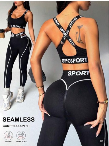 DEWBERA CONJUNTO DEPORTIVO CASUAL DE MUJER CON BANDA- CONJUNTO TOP Y LICRA NEGRO