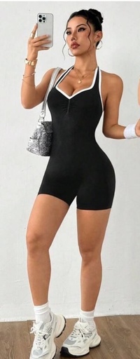 DEWBERA SET DE 2 PIEZAS MONO SIN COSTURA- ENTERIZO NEGRO CON BORDES BLANCOS